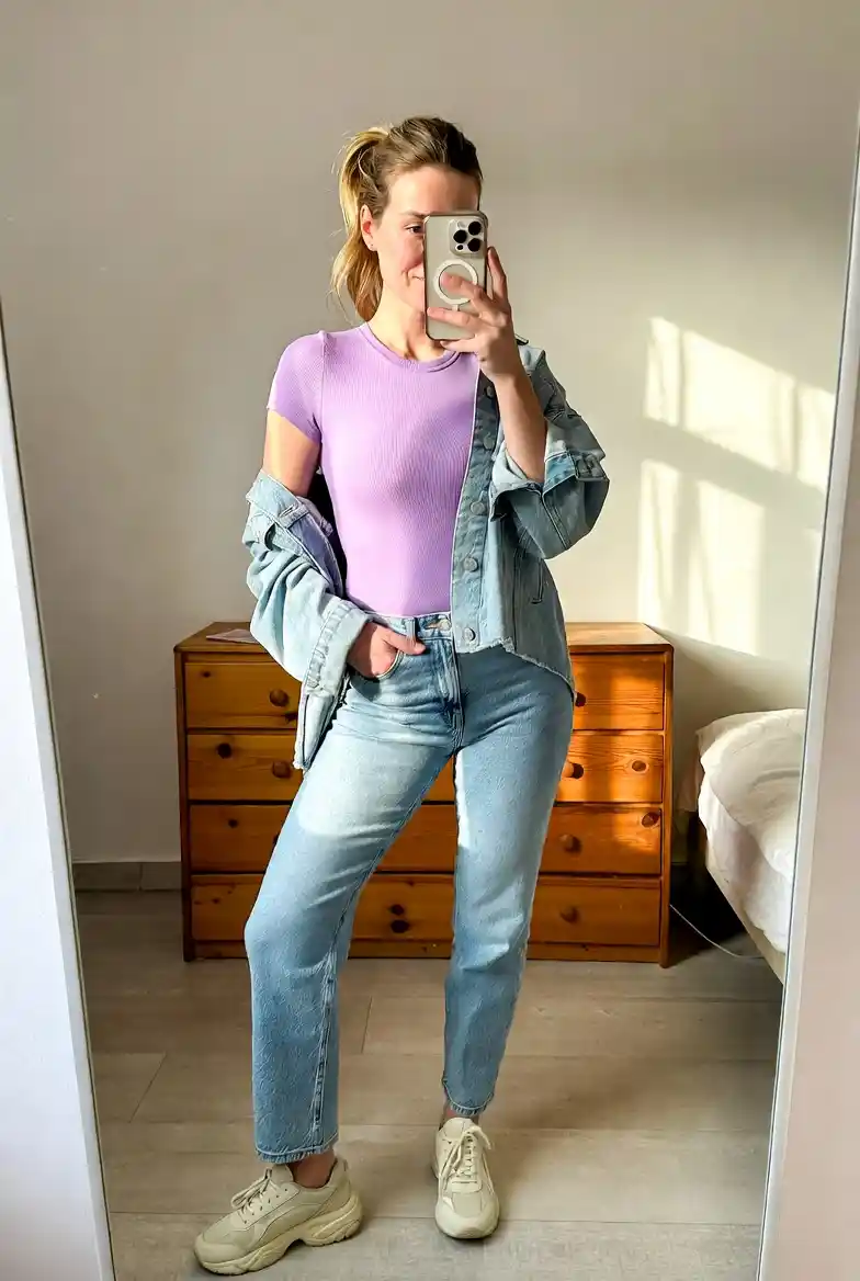Lavender Tee, Faded Jeans Outfit