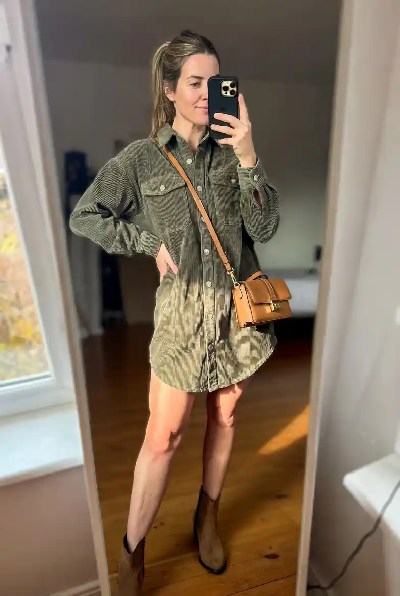 Olive Corduroy Shirt Dress Outfit